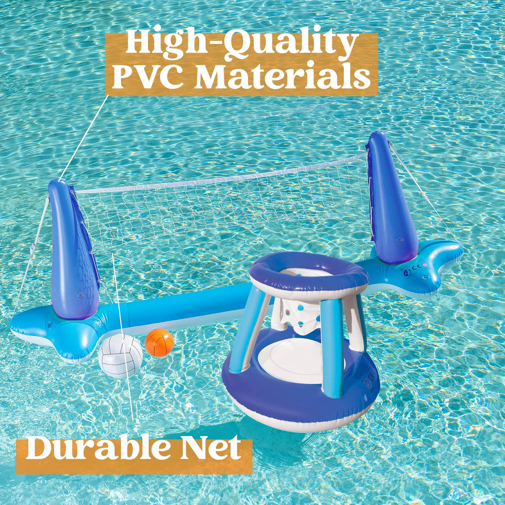 Pool Games Set with Pool Volleyball Net & Pool Basketball Hoops, Summer Pool Float for Adults - Dark Blue