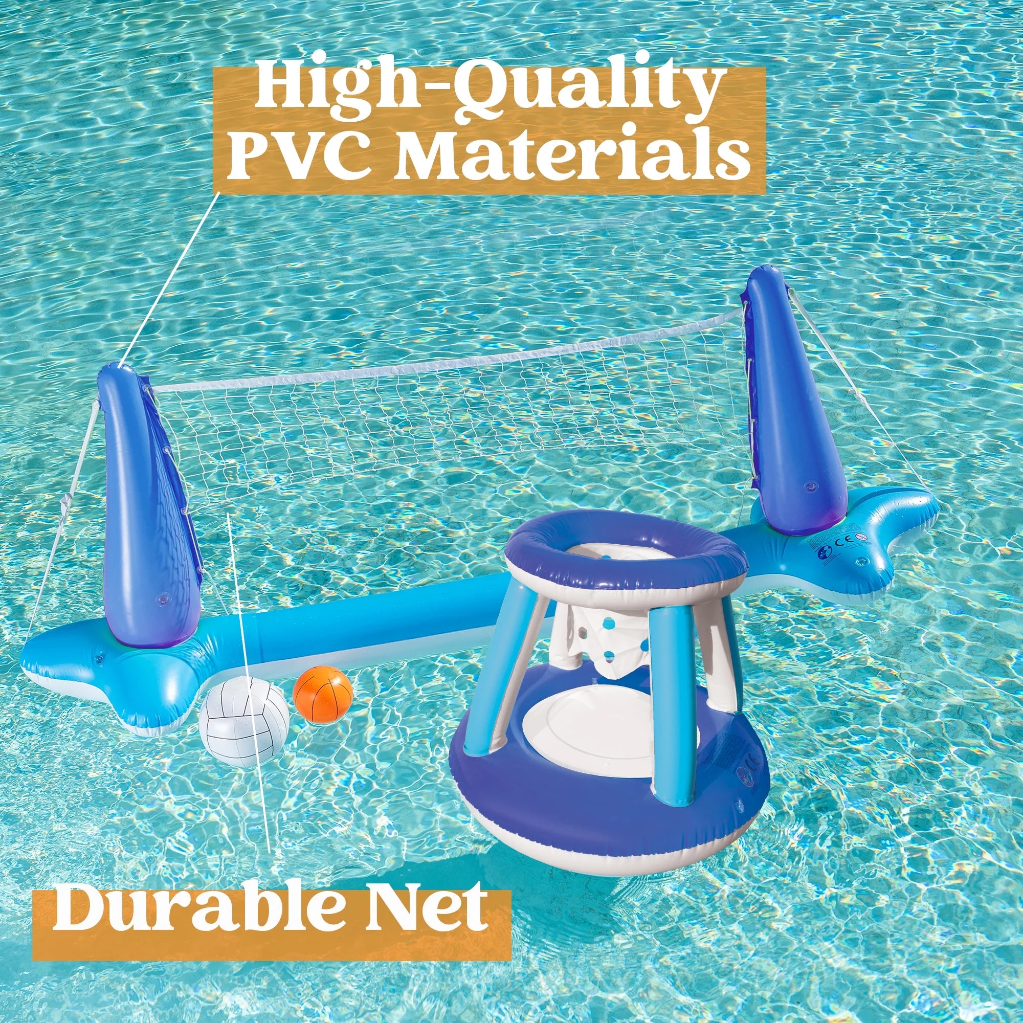 Pool Games Set with Pool Volleyball Net & Pool Basketball Hoops, Summer Pool Float for Adults - Dark Blue