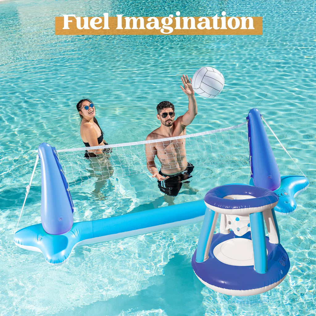 Pool Games Set with Pool Volleyball Net & Pool Basketball Hoops, Summer Pool Float for Adults - Dark Blue