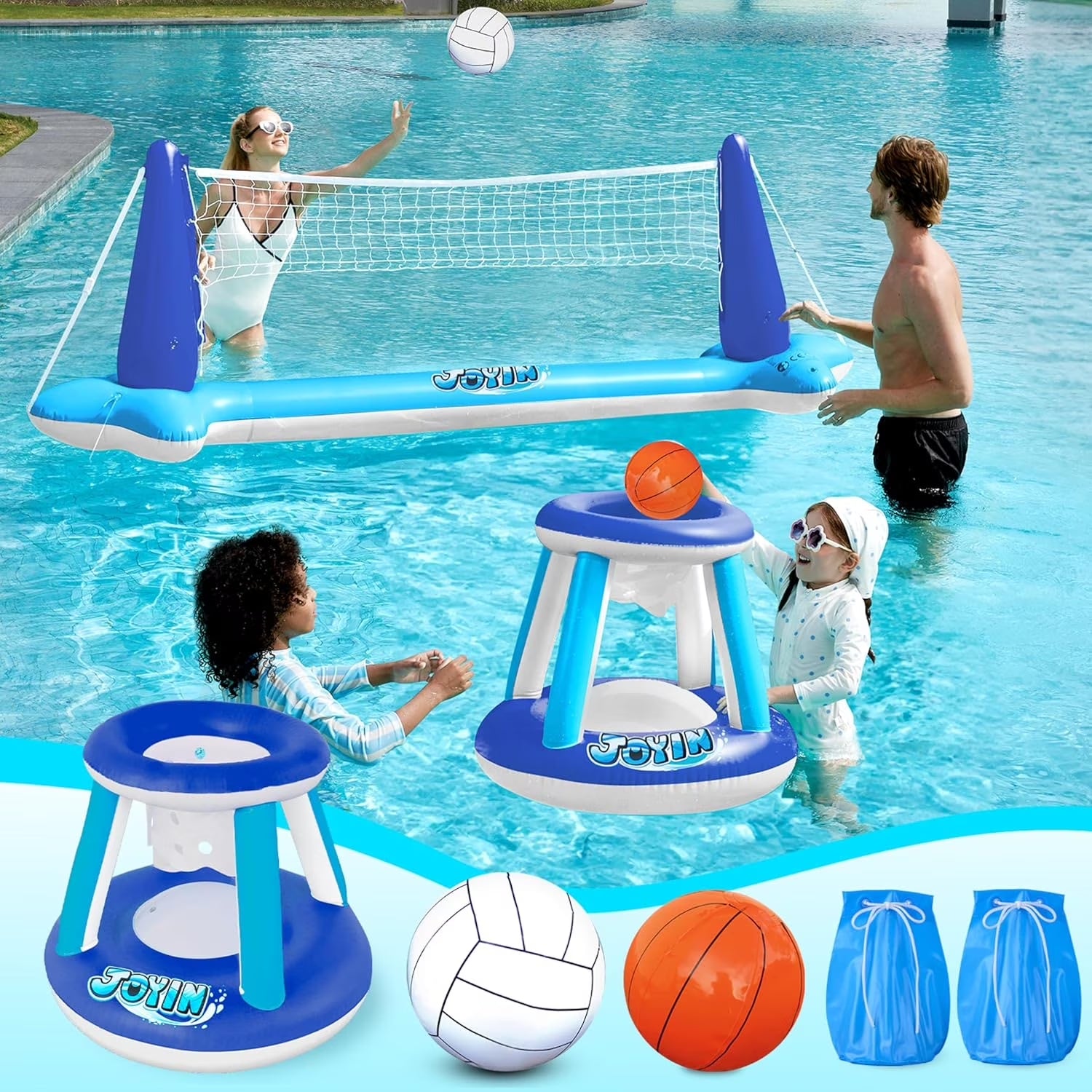 Pool Games Set with Pool Volleyball Net & Pool Basketball Hoops, Summer Pool Float for Adults - Dark Blue