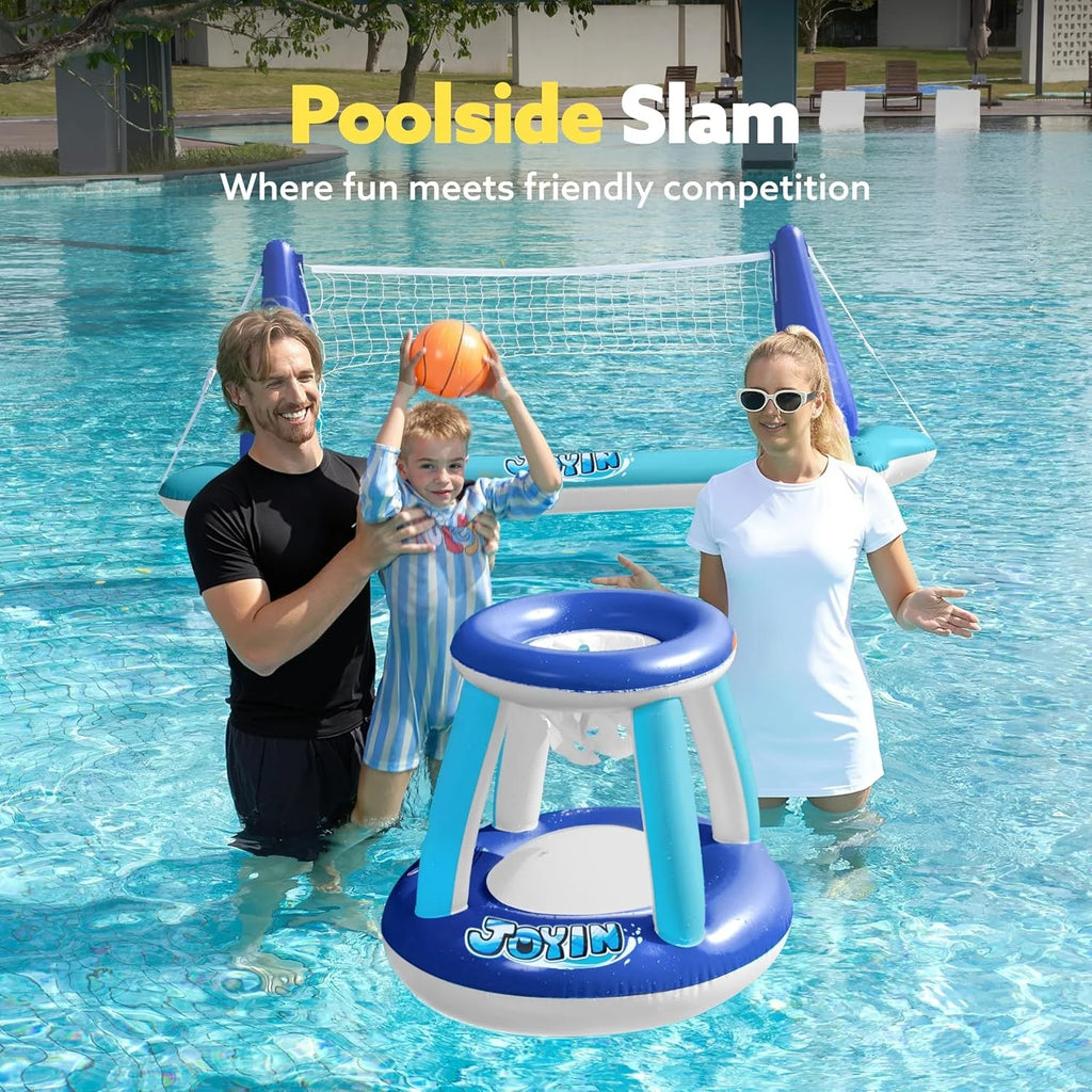 Pool Games Set with Pool Volleyball Net & Pool Basketball Hoops, Summer Pool Float for Adults - Dark Blue