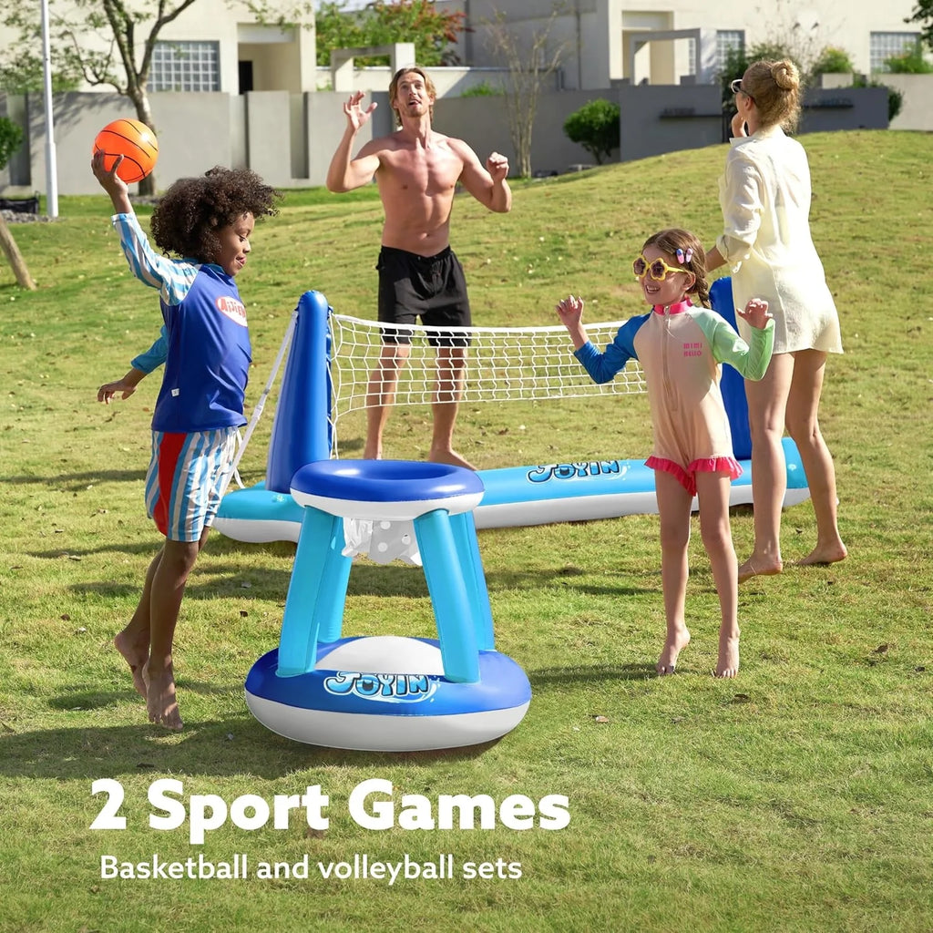 Pool Games Set with Pool Volleyball Net & Pool Basketball Hoops, Summer Pool Float for Adults - Dark Blue