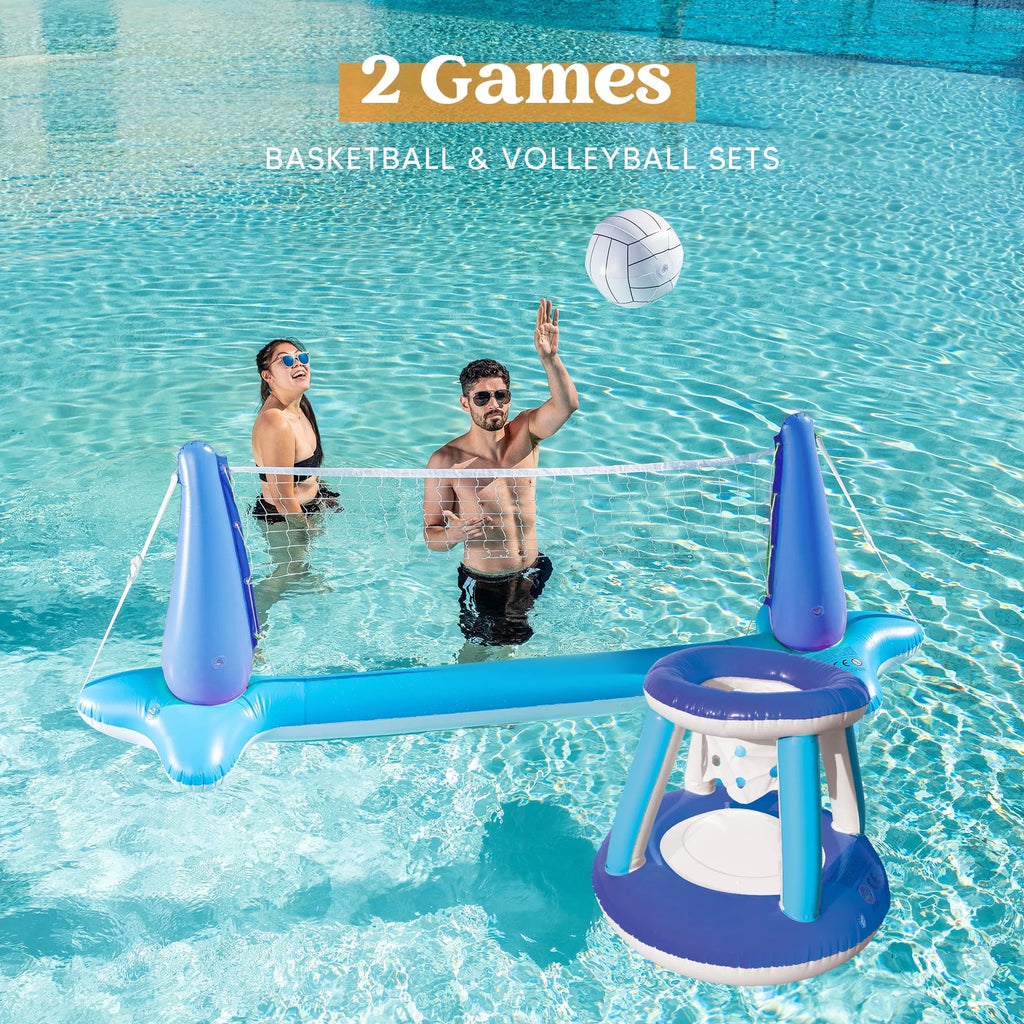 Pool Games Set with Pool Volleyball Net & Pool Basketball Hoops, Summer Pool Float for Adults - Dark Blue