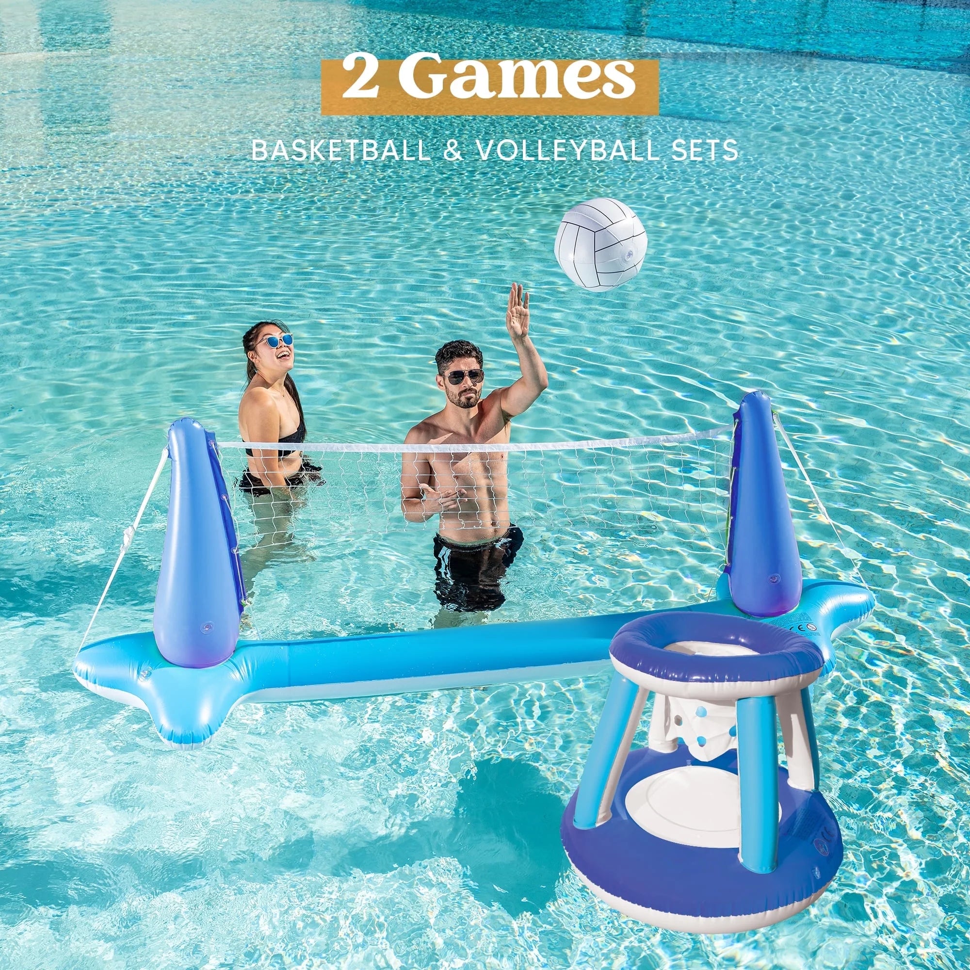Pool Games Set with Pool Volleyball Net & Pool Basketball Hoops, Summer Pool Float for Adults - Dark Blue